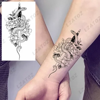Змея Мамба, Змеиный цветок, Временные татуировки для женщин и взрослых, реалистичные поддельные татуировки в виде тюльпана, Пиона и животных, Стираемая вручную наклейка с татуировкой