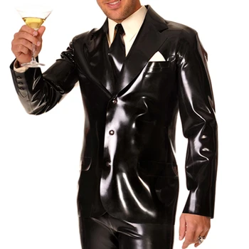 Черно-белый сексуальный костюм из латекса с пуговицами спереди, отложной воротник, резиновая куртка, пальто, верхняя рубашка YF-0276