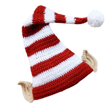 Рождественская вязаная шапка для взрослых и детей, вязаная крючком, шапка с ушками эльфа, шапка с помпоном в белую и красную полоску, осень-зима