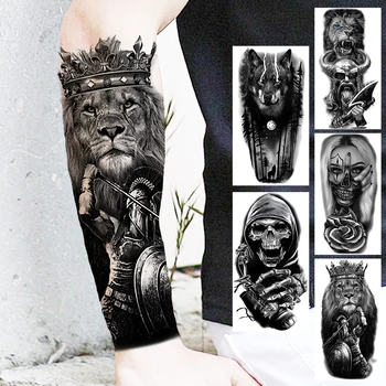 Временные Татуировки Lion Knight Crown Для Женщин И Мужчин, Реалистичный Волк, Пиратский Капитан, Самурай, Страшная Поддельная Татуировка, Наклейка На Предплечье, Татуировки