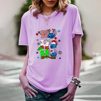 Женская футболка Kawaii Stitch, Рождественские фиолетовые футболки с коротким рукавом, женская летняя футболка, топы с мультяшным принтом, милая женская одежда