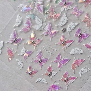 5D Рельефная оболочка Легкие крылья бабочки Наклейки для ногтей Цветной клей слайдер Алмазная бабочка Наклейки DIY Японский маник
