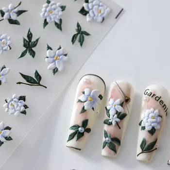 Дизайн White Gardenia Magnolia 5D Мягкие рельефы с тиснением Самоклеящиеся наклейки для дизайна ногтей 3D Наклейки для маникюра Оптом