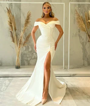 Простое вечернее платье на белых пуговицах, вечернее платье из гофрированного атласа с открытыми плечами, платье для выпускного вечера без рукавов с высоким разрезом в пол, платье для выпускного вечера Vestido D