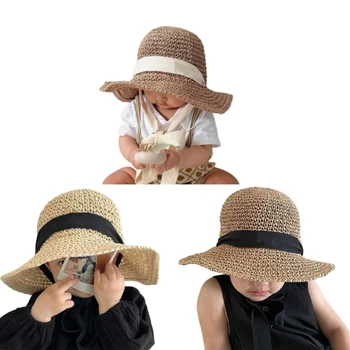 Солнцезащитная шляпа с широкими полями, летняя шляпа, соломенная тканая кепка для маленькой девочки, малышей, Пляжные шляпы от солнца, Дорожная шляпа