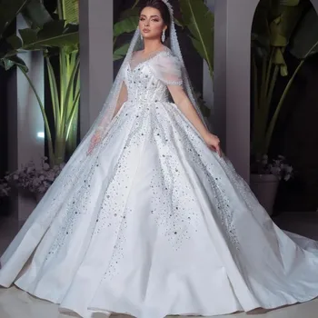 Роскошное белое бальное платье с блестящим шлейфом, свадебное платье 2024, Романтическое свадебное платье принцессы с круглым вырезом и жемчугом