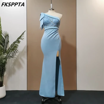 Элегантное длинное вечернее платье нежно-голубого цвета с разрезом на одно плечо сбоку, Шикарные аппликации из бисера, атласные платья для выпускного вечера 