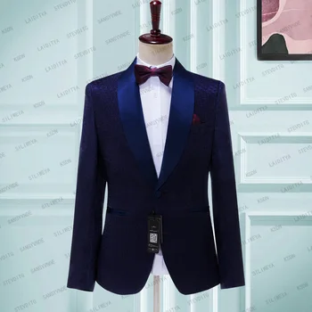 Цельный мужской костюм, Блейзер, Синяя шаль с лацканами, однобортный Официальный деловой пиджак, Приталенные смокинги, весеннее пальто для жениха