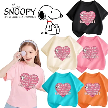 Детская футболка Snoopy, футболка Kawaii, повседневная одежда с аниме-мультфильмами, топы с короткими рукавами для девочек, Летняя милая любовь на открытом воздухе, Ардер