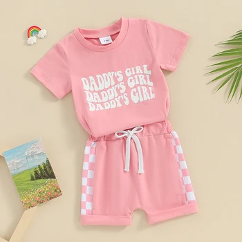 Летняя одежда для маленьких девочек, футболки с короткими рукавами и надписью для девочек, топы, шорты в рулонах для новорожденных, Комплект одежды