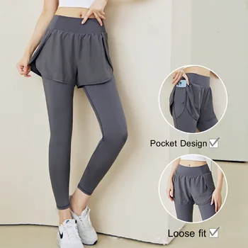 Поддельные женские штаны для йоги, 2 предмета, спортивные обтягивающие быстросохнущие леггинсы для бега в тренажерном зале с карманами, эластичные колготки для йоги с высокой талией, подтягивающие бедра.