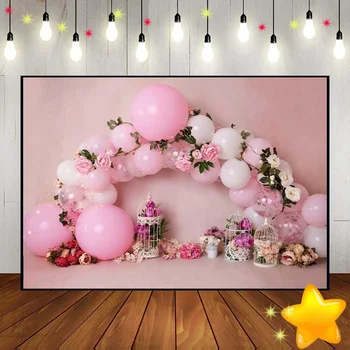 Воздушный шар 1st Happy Birthday Party Розовый Цветочный фон Оформление фона на Заказ Фото Фонов для фотосъемки Баннер Студии