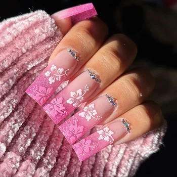 24шт Розовые градиентные накладные ногти Цветок Длинный Гроб со стразами Французские Носимые накладные ногти Полное покрытие кончиков ногтей