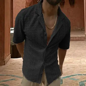 Мужская летняя рубашка, Однотонная Открытая мужская рубашка с лацканами, Однобортная планка, мужской топ с коротким рукавом