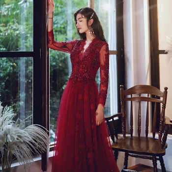 Вечернее платье винно-красного цвета для вечеринки, вечернее платье с цветочным рисунком, платья для выпускного вечера, торжественное мероприятие с длинным рукавом H112