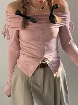 Женские вязаные топы Y2K с открытыми плечами, однотонная футболка с разрезом на пуговицы спереди и длинным рукавом без бретелек